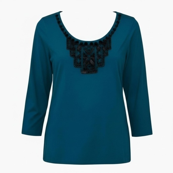 Dana Buchman Tops - Dana Buchman Teal Long Sleeve Top with Black Accents